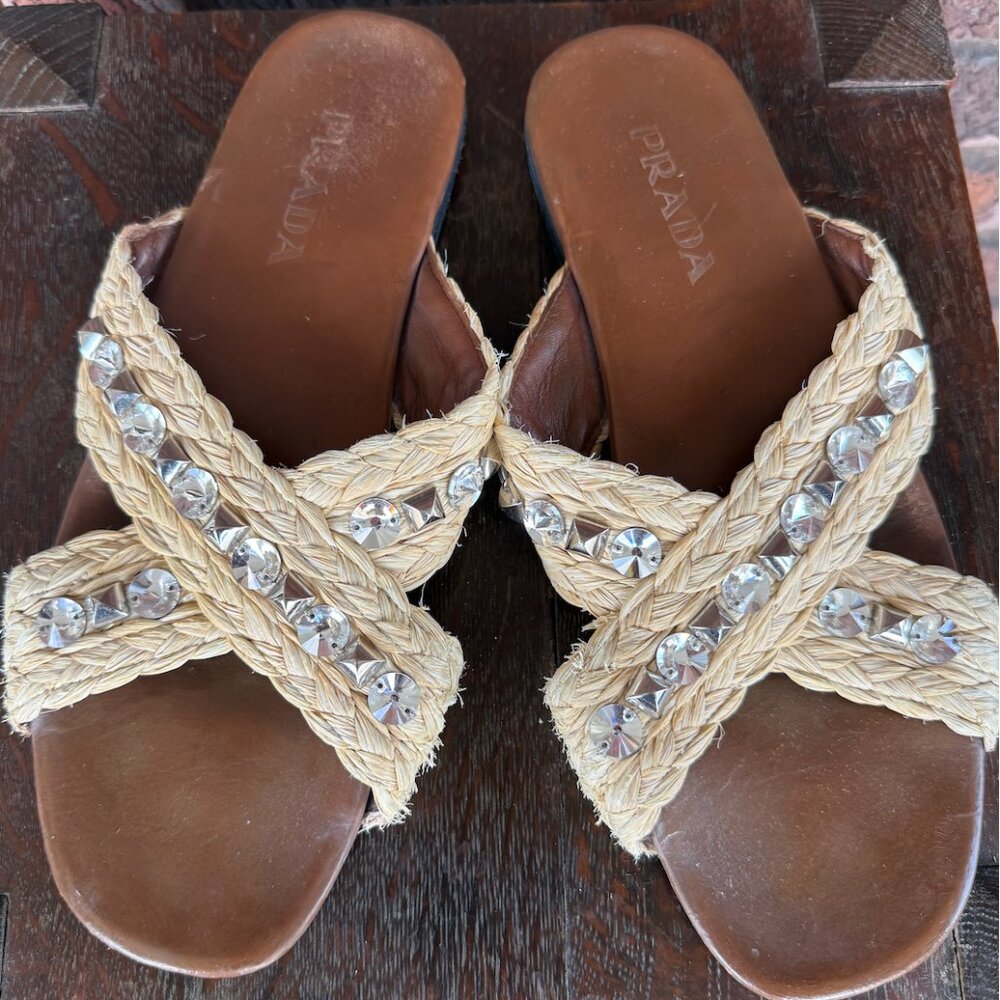 Prada Natural Raffia Jeweled Criss-Cross Flat Sandals